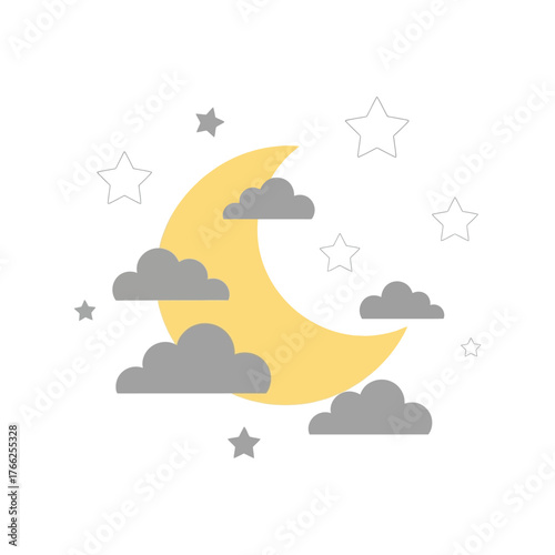 Dreamy crescent moon clouds and stars gentle night sky illustration for kids and sleep themes vector