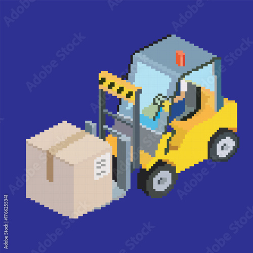 pixel art forklift, vector illustration on isolated background.
