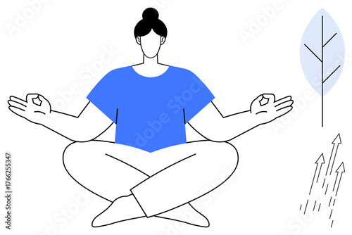Woman seated in lotus pose with serene expression, leaf and upward arrows symbolizing growth, well-being, mindfulness, relaxation, inner balance, stress relief, self-care, and personal development