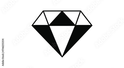 Geometric faceted diamond shape with sharp edges in a bold black silhouette on a white background