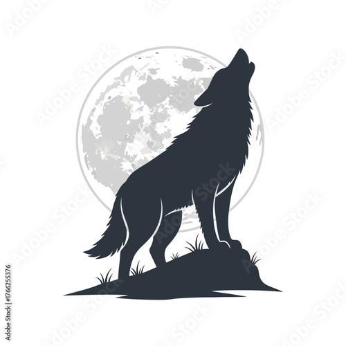 Silhouette of wolf howling at full moon on rocky outcrop night scene vector