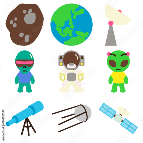 set flat design of space theme with asteroid, earth, satellite dish, alien, astronaut, telescope and Sputnik
