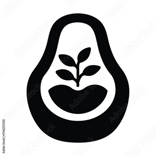 Simple black and white illustration of a sprouting avocado seed with leaves inside a halved avocado