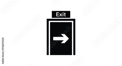 A stark black silhouette of an open door with a white arrow pointing to the right and the word exit above it representing an escape route or way out