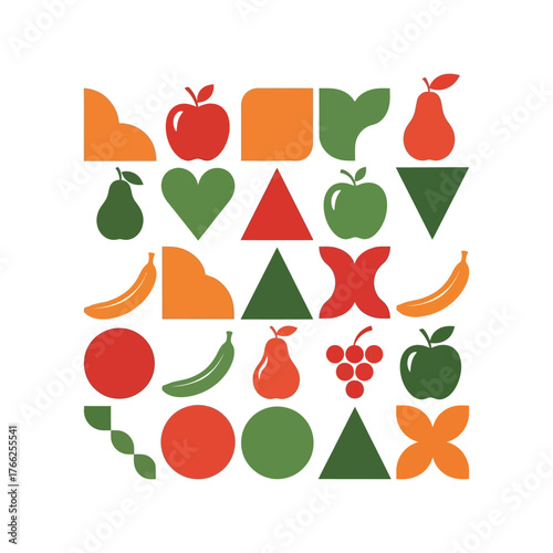 Colorful abstract geometric shapes and fruit icons pattern for design and education vector