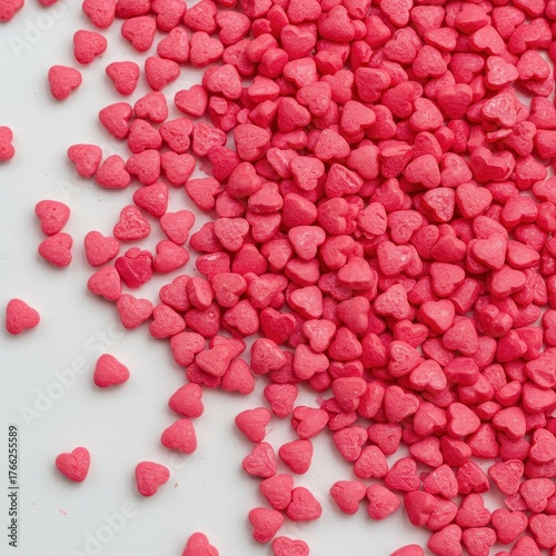 A vibrant collection of tiny, shiny, heart-shaped sugar sprinkles scattered on a clean white surface, ideal for baking decoration ,romance ,frosting ,topping