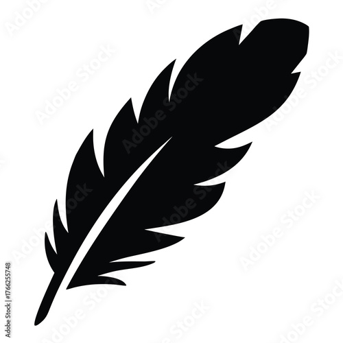 Simple black silhouette of a single feather with a curved stem on a white background