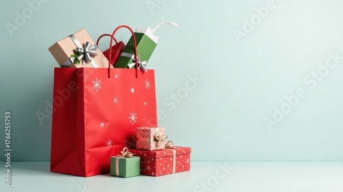 A Festive Red Shopping Bag Overflowing with Wrapped Gifts, Ready for the Holiday Season