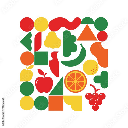 Colorful abstract shapes and fruit graphics for creative design and education vector