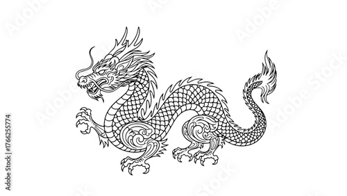 Elegant black and white line art captures the fierce majesty of a traditional Chinese dragon, detailing its intricate scales and serpentine form