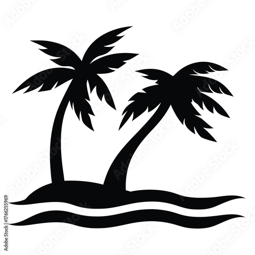 Silhouetted palm trees swaying gently on a tropical island with waves below