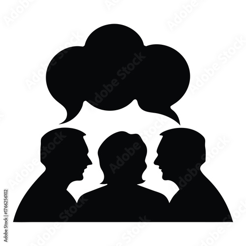 Silhouette of three people in conversation with a large speech bubble above them