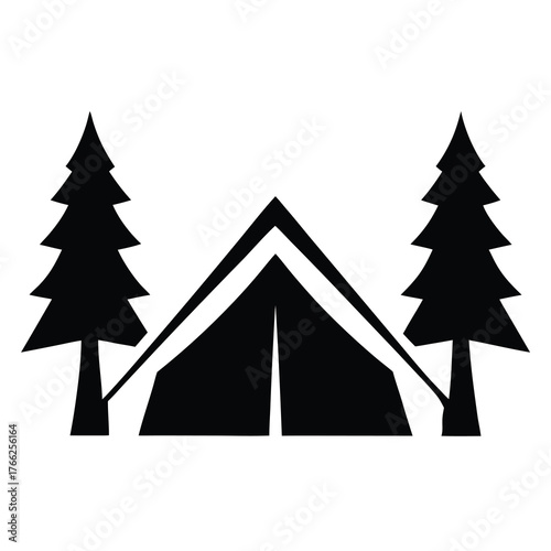 Simple black silhouette of a tent with two pine trees on a white background