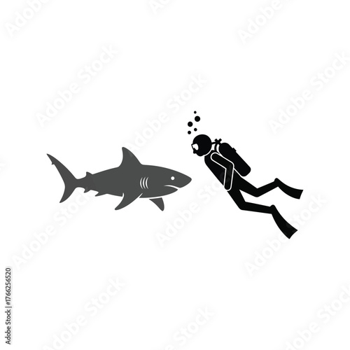 Diver encounters shark underwater ocean adventure scuba exploration marine life danger vector