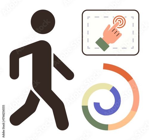 Walking person silhouette, hand performing a touchscreen gesture, and abstract spiral in vibrant colors. Ideal for motion, progress, interaction, activity, design technology education. Simple flat