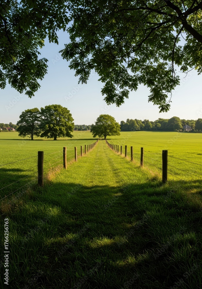 Obraz premium Peaceful vista capturing vibrant green agricultural fields bordered by mature trees and ancient fences during a warm summer afternoon ,farm ,field ,scenery