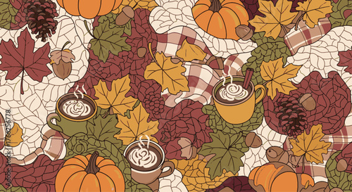 Seamless autumn pattern featuring cozy pumpkins, warm beverages, and vibrant fall foliage, perfect for seasonal designs and comforting backgrounds