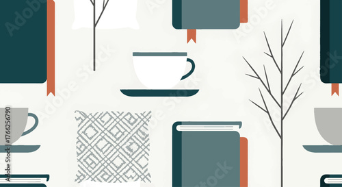 A comforting flat design pattern capturing the essence of quiet moments, featuring elegant books, warm drinks, and subtle natural elements for a cozy interior