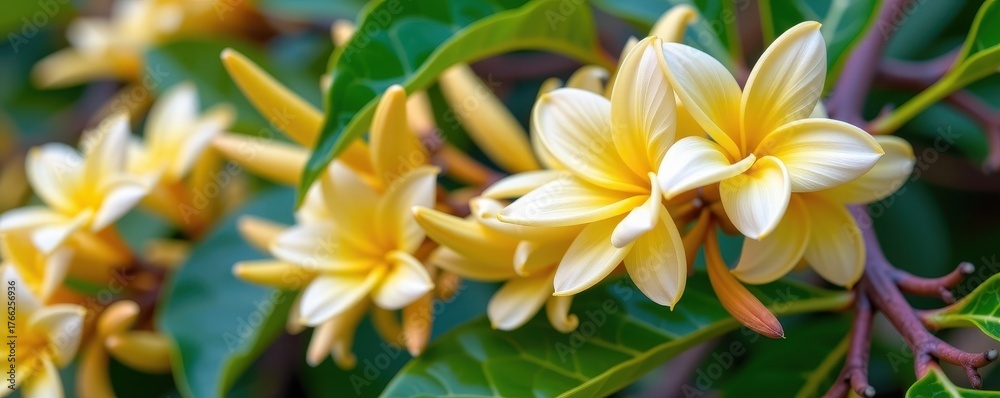 Obraz premium Vanilla pods and delicate yellow blossoms on a vine, close-up, agriculture, flower