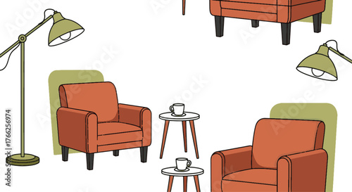 Modern illustrated seamless pattern featuring cozy armchairs, floor lamps, and side tables for interior design and home decor backgrounds