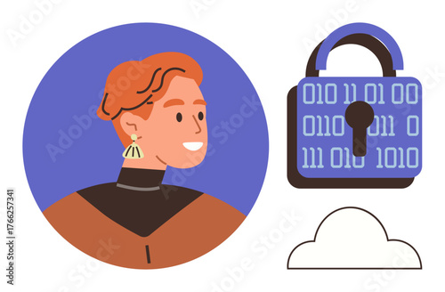 Person smiles in profile near binary-coded padlock and cloud outline. Ideal for cybersecurity, digital privacy, identity protection, cloud storage, tech innovation, online safety, simple flat