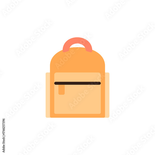 flat design of backpack. It features a main body in a light orange or peach color with dark brown outlines. There's a handle at the top and a rectangular front pocket