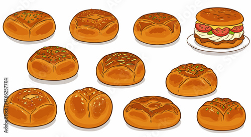 Baked bread rolls with sesame seeds and burger