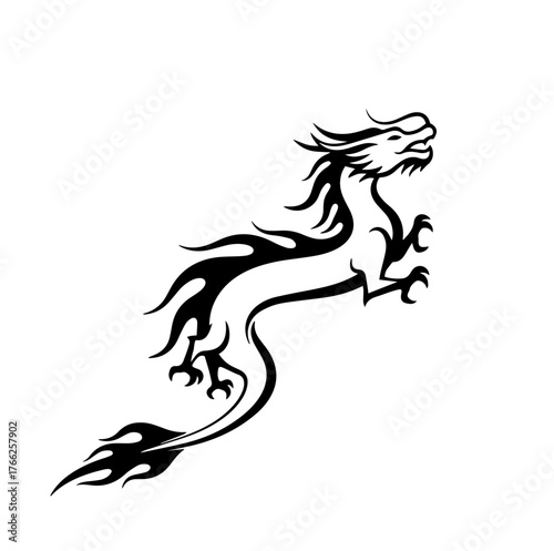 A striking black and white vector graphic of a mythical serpentine dragon, captured in a powerful rearing pose with a bold, tribal tattoo art style