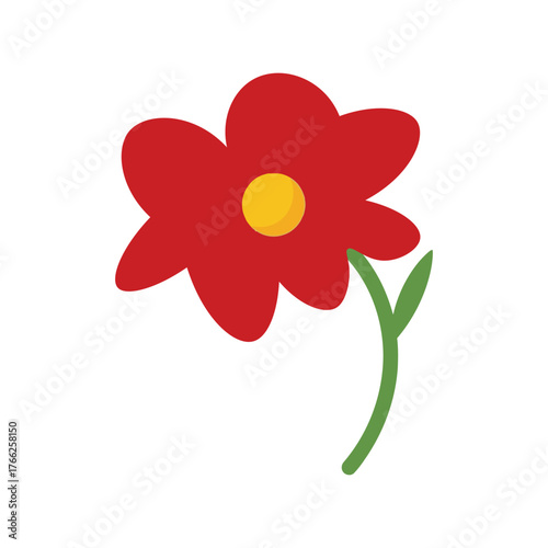 Simple red flower with yellow center and green stem cute illustration vector