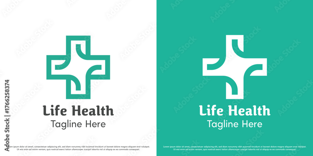 Obraz premium Plus health logo design illustration vector icon. Green silhouette of health care. Simple minimalist icon symbol.