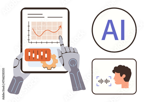 Robotic hands interacting with data tablet, AI text icon, and human face with voice analysis. Ideal for technology, artificial intelligence, robotics, data, automation, machine learning future