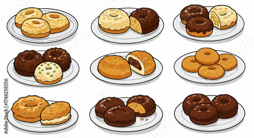 Assorted donuts on plates for bakery or dessert