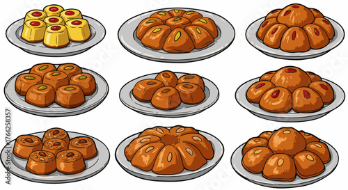 Assorted traditional Asian desserts on plates