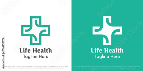 Plus health logo design illustration vector icon. Green silhouette of health care. Simple minimalist icon symbol.