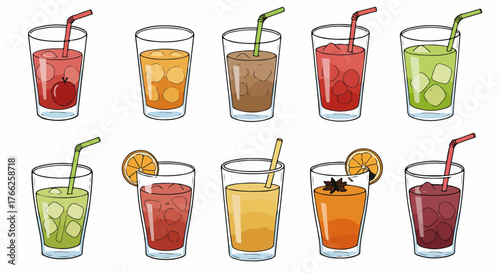 Assorted fruit drinks with ice and straws