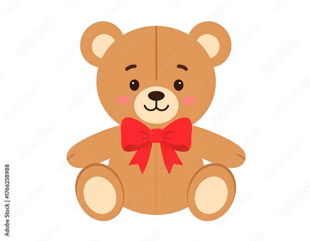 Obraz premium Cartoon teddy bear, brown fur, red bow tie, sitting, cute