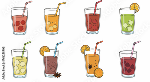 Assorted colorful drinks in glasses with straws