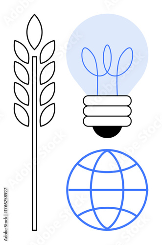 Wheat stalk, globe, and lightbulb with plant sprout represent farming, renewable energy, and global interconnection. Ideal for sustainability, ecology, technology, agriculture green energy