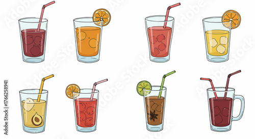Assorted refreshing drinks with ice and fruit slices