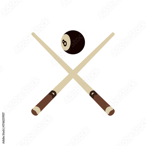 flat design of of two crossed billiard cues and an 8-ball on a white background. The cues are brown with lighter brown tips and dark brown handles, Centered above their intersection is a black 8-ball