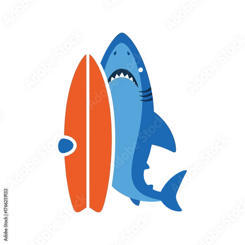 Funny cartoon shark with surfboard illustration for summer ocean surf adventure and beach party themes vector