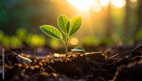 New Growth Sprout Emerging From Dark Soil Bathed in Warm Golden Sunlight With Soft Bokeh Background