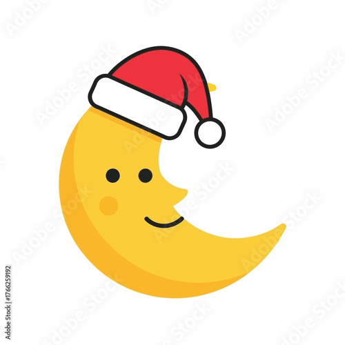 Cheerful crescent moon character wearing a festive santa hat celebrating christmas holidays vector