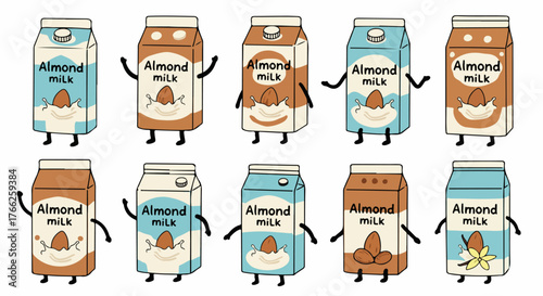 Almond milk carton characters with waving arms
