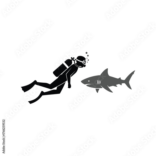 Silhouette diver swims near silhouette shark underwater ocean marine life adventure danger vector