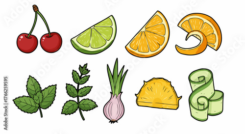Cherries, citrus, herbs, and onion with transparent background
