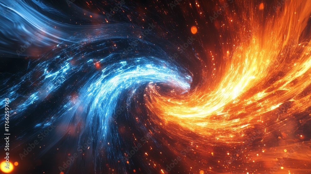 Obraz premium cosmic portal made of radiant defocused star lights, abstract swirling lines of fire and ice hues, visual representation of good versus evil, cold meeting hot in a dramatic light clash, digital data
