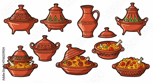 Moroccan clay pots and dishes with food