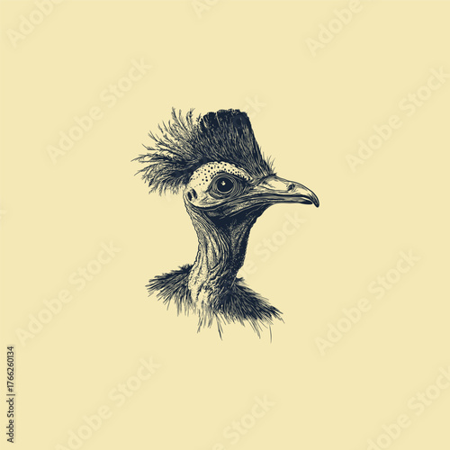 Vintage hand-drawn illustration of Cassowary head. Detailed ink sketch of the rare flightless bird, perfect for logo, print design, wildlife projects, or apparel.