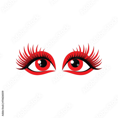 Dramatic red eyes with long lashes intense gaze woman beauty fashion makeup vivid vector